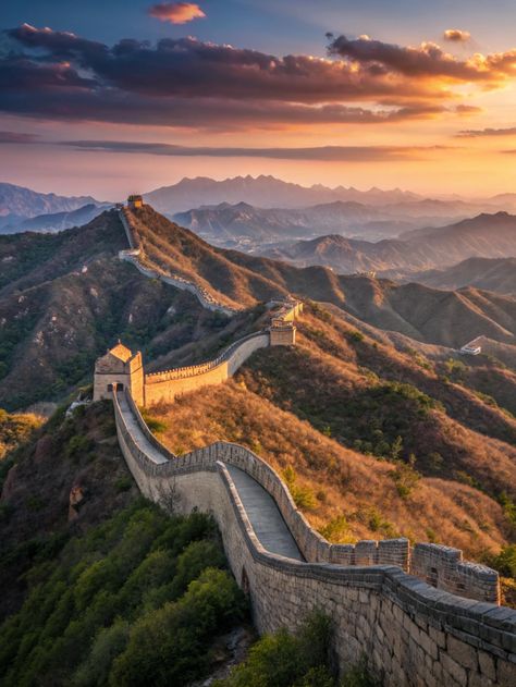 Experience the magic of the Great Wall of China at sunset, where ancient history meets breathtaking landscapes. As the sun dips below the horizon, immerse yourself in this iconic destination.  What hidden gems have you discovered on your travels in Asia? . #travelasia #travel #travelphotography #travelgram #asia #wanderlust #travelblogger #travelblog #asiatravel The Great Wall Of China Aesthetic, China Pics, Asian Travel, Vision Board Photos, Great Wall Of China, Seven Wonders, China Travel, Great Wall, 2025 Vision