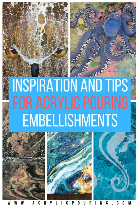 Get inspired with these tips for acrylic pouring embellishments. #acrylicpouring #embellishments Acrylic Pour Art Ideas, How To Embellish Acrylic Pours, Pour Paint Projects, Acrylic Pouring Embellishments, Acrylic Pour Embellishments, Embellish Acrylic Pour, Embellishing Acrylic Pours, Embellished Paint Pour, Embellished Pour Painting