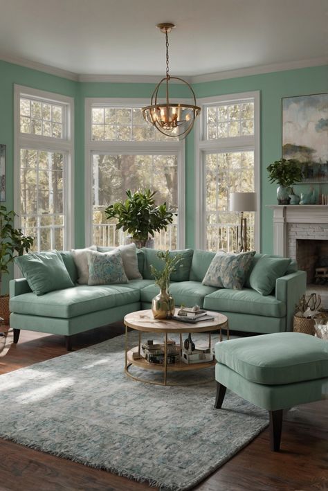 Mint Couch Living Room Decor, Mint Green Interior Design, Mint Green Living Room Ideas, Mint Green Living Room, Bright Living Room Colors, Mint Green Interior, Colorful Living Room Bright, Renovation Living Room, Paint Colors 2024