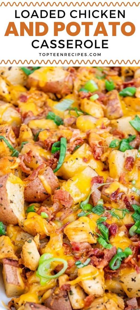 Loaded Chicken and Potato Casserole Recipe Twice Baked Chicken Potatoes, Cubed Chicken Breast Recipes, Loaded Chicken And Potato Casserole, Chicken And Potato Casserole, Chile Relleno Casserole Recipe, Loaded Chicken And Potatoes, Chicken Potato Casserole, Juicy Chicken Breast, Loaded Chicken