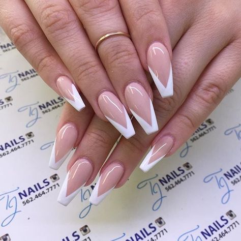 Slide 101 of 106 White French Nail Designs Coffin, Nails With White Tips Coffin, Nail Designs Triangle French Tip, White Tip Coffin Acrylic Nails, Coffin French Tip Nails With Design, White French Tip Nails Coffin, V French Manicure, V Cut French Tip Nails, Triangle French Tip Nails