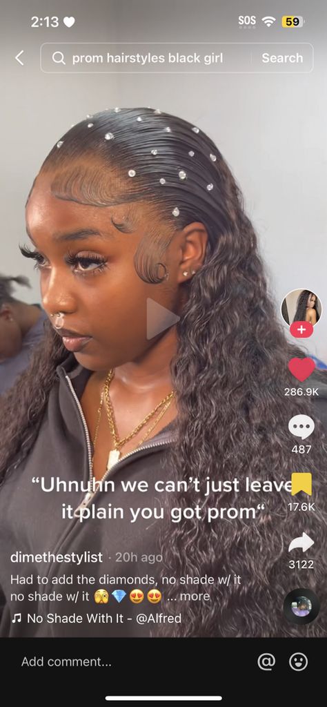 Hair Gems Black Women, Slick Back With Rhinestones, Prom Dress Accessories Ideas, Diamonds In Hair Black Women, Prom Frontal Hairstyles, Prom Hairstyle Black Women, Senior Year Hairstyles, Prom Hair Styles Black Women, Rhinestone Hair Black Women