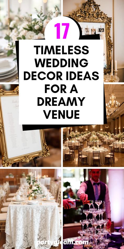 Get ready to pin these 17 timeless wedding decor ideas that will elevate your big day! From elegant floral centerpieces to vintage-inspired chandeliers, we cover it all. Think gorgeous lace table overlays and ornate mirror displays that add just the right touch of charm. Antique frames for seating charts bring a unique flair, while sophisticated champagne towers create a touch of luxe. Mix and match these irresistible elements to craft a venue that's unforgettable and uniquely yours. Let your celebration shine! Unique Table Seating Ideas, Elegant And Romantic Wedding Decor, Vintage Romantic Wedding Decor, Country Vintage Wedding, Nonfloral Centerpiece Ideas, Elegant Floral Centerpieces, Victorian Wedding Decor, Wedding Entry Table, Elegant Wedding Table Decor