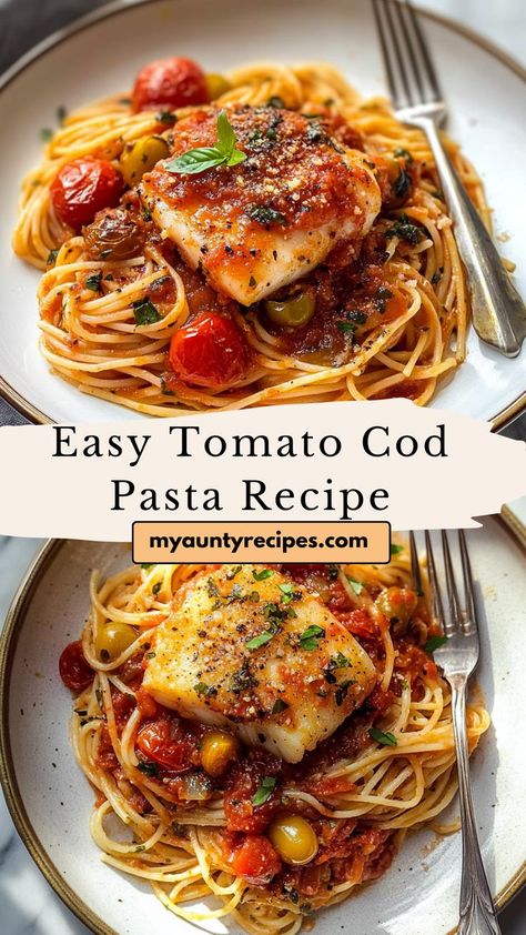 Indulge in this simple yet delicious tomato cod pasta, blending flaky cod with a fresh, tangy tomato sauce. The flavors meld perfectly with the pasta, creating a dish that’s light, wholesome, and bursting with Mediterranean flavors. A quick recipe that makes a perfect healthy dinner option! Cod Pasta Recipe, Cod Pasta Recipes Fish, Cod Pasta, Easy Cod Recipes, Cod Recipes Healthy, Fish Pasta, Mediterranean Flavors, Tomato Dishes, Red Sauce Pasta