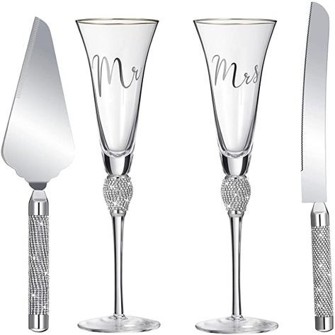 4 Piece Wedding Toasting Flutes and Cake Server Set Wedding Reception Supplies Champagne Glasses Cake Knife Pie Server (Silver) Wedding Reception Accessories, Wedding Cake Knife, Toasting Flutes Wedding, Pie Server, Flute Glasses, Cake Server Sets, Champagne Flute Glasses, Toasting Flutes, Cake Knife