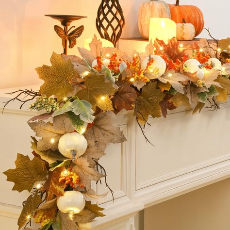 PRICES MAY VARY. 【LIGHT UP YOUR SPACE】 Illuminate your autumn evenings with our enchanting light string in our fall garland. This magical combo casts a cozy glow over any space, making it the perfect accent for those crisp, fall nights. Whether draped over your mantle or wrapped around your front door, add a touch of warmth and whimsy to your fall festivities! 【RICH NATURAL ELEMENTS】Explore the secret world of maple leaves in earth tones, encounter the warm romance of red maple leaves, embrace t Mustard Yellow Fall Decor, November Office Decorations, No Pumpkin Fall Decor, Fall Church Decorations Sanctuary, Fall Garland Mantle, Mantle Arrangements, Autumn Mantel Decor, Fall Mantle Garland, Fall Room Design