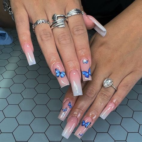 Marble Butterfly Nails, Square Butterfly Nails, Nails W Butterflies, Birthday Nails Butterfly, Short Nails With Butterflies, Ombre Nails With Butterflies, Ombre Butterfly Nails, Butterfly Nails Blue, Red Butterfly Nails