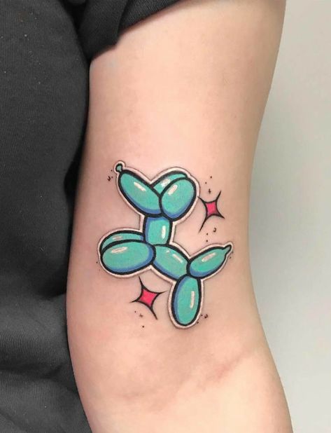 Bright Cute Tattoos, Pinata Tattoo, Balloon Animal Tattoo, Balloon Animal Drawing, Silly Tattoo Ideas, 90s Tattoo Ideas, Kawaii Tattoo Ideas, Kawaii Tattoos, Tattoo Colorful