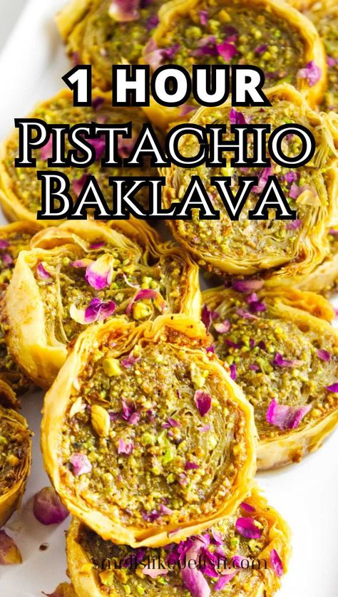 Make rich and flaky Pistachio Baklava without the traditional time 
commitment. Forget meticulously layering dozens of sheets – we'll 
achieve a stunning layered effect with a simpler technique. Our clever 
shortcut method rolls two pistachio sprinkled layers of phyllo dough, 
eliminating the need for tedious layering. Easy Phyllo Dough Recipes Desserts, Frozen Casserole Recipes, Phyllo Appetizers, Vegetable Bread, Phyllo Dough Recipes, Pistachio Baklava, Phyllo Recipes, Hanukkah Food, Phyllo Dough