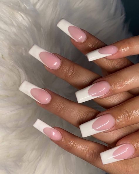 Pink acrylic with white french tip. Pink Acrylic White Tip Nails, Pink Acrylic With White Tip, Pink Base White Tip Nails, Birthday Nails White And Pink, Pink Powder French Tip Nails, Pink And White French Tip Nails Square, White French Tip Nails With Pink, White French Tip Pink Base, French With Pink Base