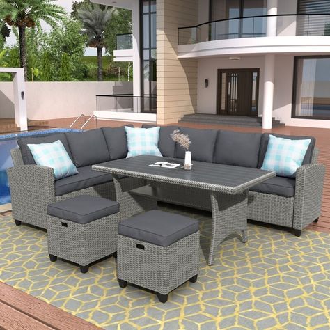 5 Piece Patio Furniture Set, Outdoor Conversation Set Sectional Sofa Set, Dining Table Chair with Ottoman and Throw Pillows Description The sectional seating group is meticulously designed to let you enjoy life outdoors. Couch Dining Table, Outdoor Patio Furniture Sets, Durable Furniture, Patio Sectional, Mesa Exterior, Patio Sofa, Outdoor Wicker, Conversation Set Patio, Wicker Furniture