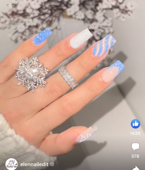 Cute Winter Acrylic Nails Coffin, Winter Acrylic Nail Designs Coffin, Christmas Acrylic Nails Glitter, Winter Nails Light Blue And White, Simple Holiday Nails Acrylic Square, Christmas Nails Ideas 2023, Christmas Light Blue Nails, Blue Xmas Nails Short, Blue White And Silver Christmas Nails