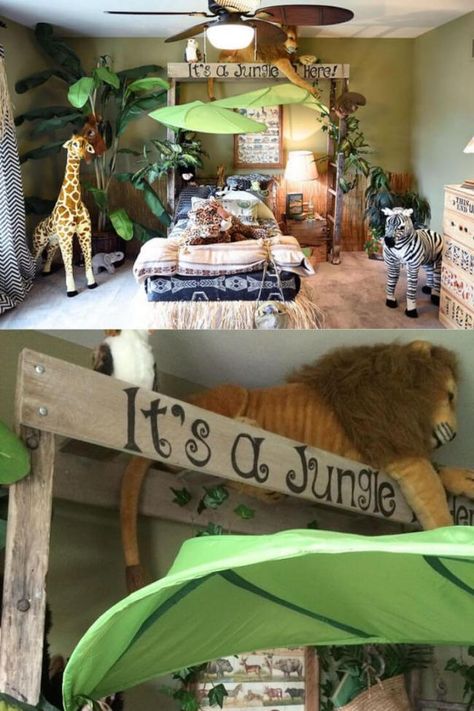 How to decorate a jungle theme bedroom | Jungle theme bedroom ideas Jungle Theme Bedroom, Theme Bedroom Ideas, Bedroom Jungle, Jungle Bedroom Theme, Kids Bedroom Themes, Jungle Theme Rooms, Kids Jungle Room, Jungle Themed Bedroom, Safari Bedroom