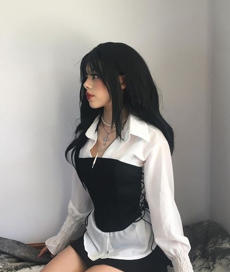 Fashion Outfit Corset White Black Aesthetic Cute Girl Grunge E-Girl Clothing Clothes Fashionable Cross White Dress With Black Corset, Black Corset Outfit, White Dress With Black, Corset Fashion Outfits, White Shirt Outfits, Corset Outfit, Corset Fashion, Long Sleeve Outfits, Button Down Shirt Dress