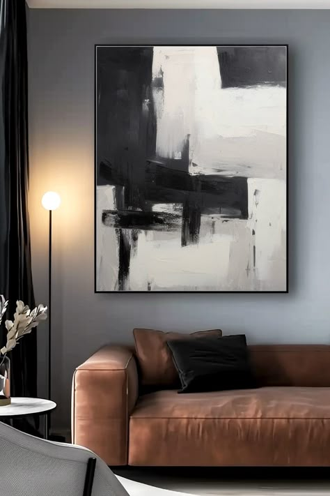 Original handmade black and white abstract painting with bold brush strokes on canvas Black And White Abstract Painting, Abstract Painting Ideas, White Abstract Painting, Canvas Painting Diy, Handmade Artwork, Black And White Abstract, Minimalist Interior, Ahmedabad, Minimalist Art