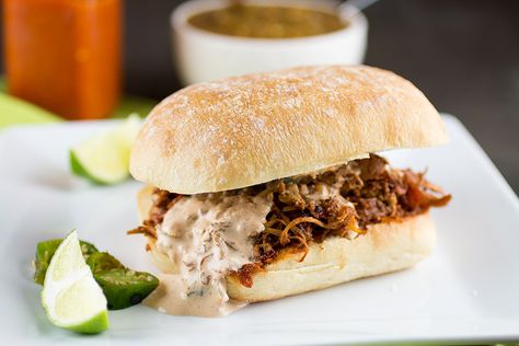 Mexican Chicken Torta Chicken Tortas, Mexican Torta, Mexican Tortas, Chili Pepper Recipes, Torta Recipe, Lime Cream, Cream Sauce Recipes, Hot Sauce Recipes, Hot Sauces