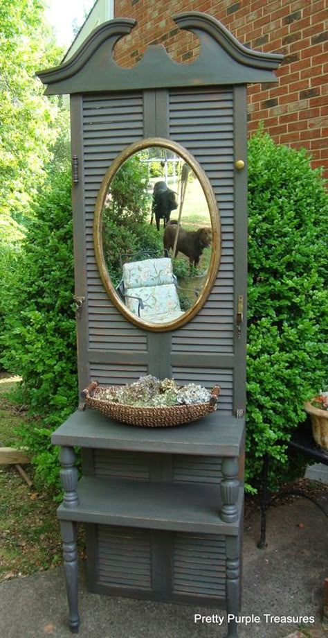 Hall Tree From Old Door, Repurposed Louvered Doors, Repurposed Door Hall Tree, Shelves Made From Old Shutters, Door Hall Trees, Reclaimed Door Hall Tree, Shutters Repurposed Decor, Old Door Decor, Old Door Projects