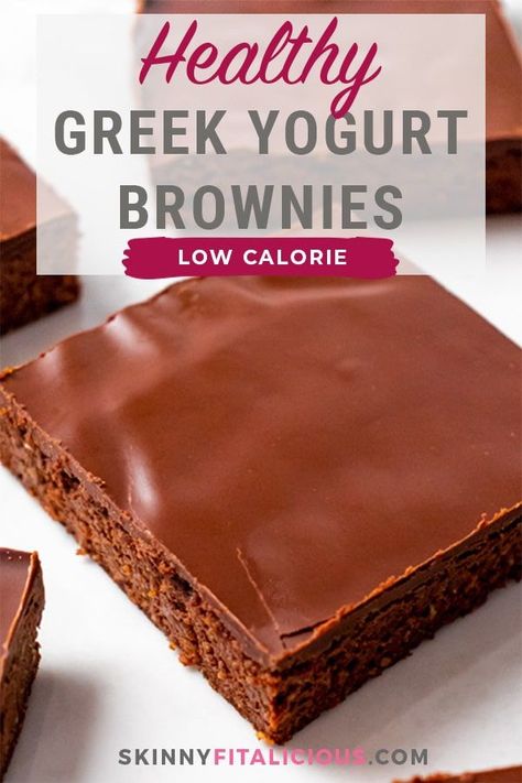 Healthy Greek Yogurt Brownies are gluten free, higher protein and low calorie! Greek Yogurt Brownies Healthy, Greek Yogurt Protein Cake, Baking Low Calorie, Greek Yogurt Protein Dessert, High Protein Greek Yogurt Recipes, Greek Yogurt Dessert Recipes, Aip Protein, Low Calorie Sweet Snacks, Yogurt Brownies