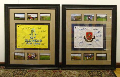 Custom framed golf flags and photos to remember an international golfing adventure! Golf Flag Display Ideas, Golf Flag Display, Flag Display Ideas, Sports Basement, Royal Manor, Golf Flags, Memorabilia Wall, Golf Office, Golf Trophy