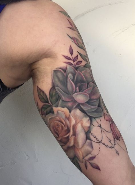 Rose And Succulent Tattoo, Colored Cover Up Tattoo Design, Merkaba Tattoo, Succulent Tattoos, Plant Tattoos, Succulent Tattoo, Stomach Tattoo, Floral Tattoo Shoulder, Floral Thigh Tattoos