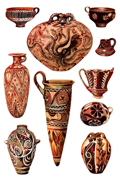 Greek Vase Designs ~ Karen's Whimsy Classics Major, Delft Patterns, Minoan Pottery, Pottery Illustration, Ancient Crete, Roman Pottery, Graffiti Aesthetic, Ancient Vase, Colorful Streetwear