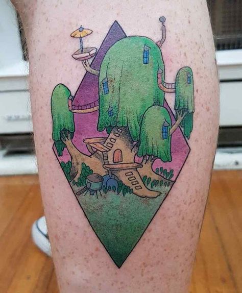 Adventure Time Tattoo by Khrys Ima Antaw Adventure Time Tree House Tattoo, Prismo Adventure Time Tattoo, Adventure Time Tattoo, Embroidery Tattoo, Adventure Time Characters, Cartoon Character Tattoos, Theme Tattoo, Delicate Tattoo, Tattoo Art Drawings