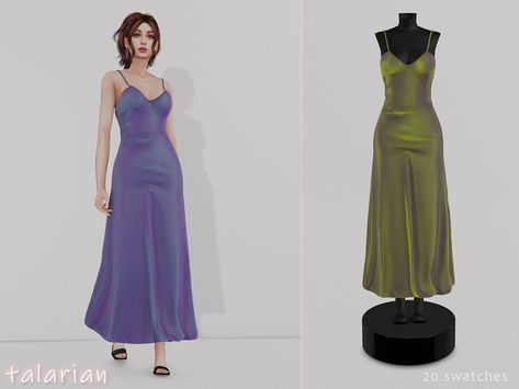 Sims Dresses, 00s Dress, Sims 4 Clothing Sets, Y2k Prom Dress, Cc Clothing, Floral Satin Dress, 90s Prom Dress, Iridescent Dress, Long Slip Dress