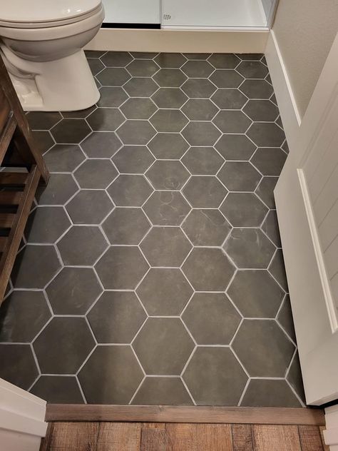 Wood To Tile Transition Bathroom, Bar Bathroom Ideas, Modern Shower Tile, Hexagon Tile Bathroom Floor, Bathrooms Vanity, Octagon Tile, Restroom Remodel, Entryway Tile, Hexagon Floor