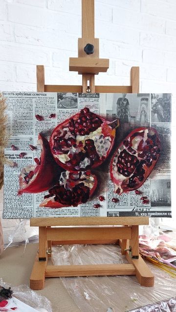 Painting On Newspaper, Newspaper Page, Painting For Kitchen, Newspaper Painting, Pomegranate Art, Newspaper Art, Still Life Fruit, Summer Program, Natural Form