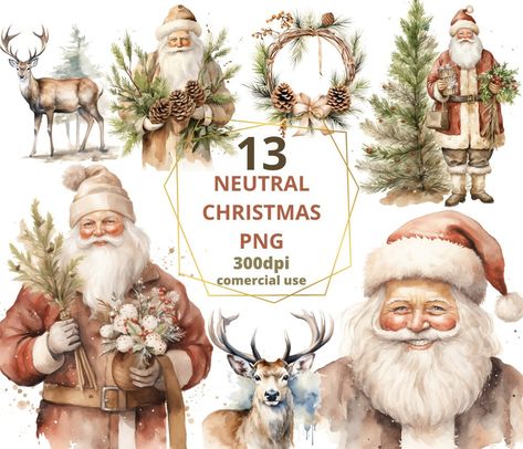 Santa Watercolor, Nativity Clipart, Santa Claus Clipart, Neutral Christmas, Neutral Paint Color, Winter Clipart, Holiday Clipart, Illustration Vintage, Png Christmas