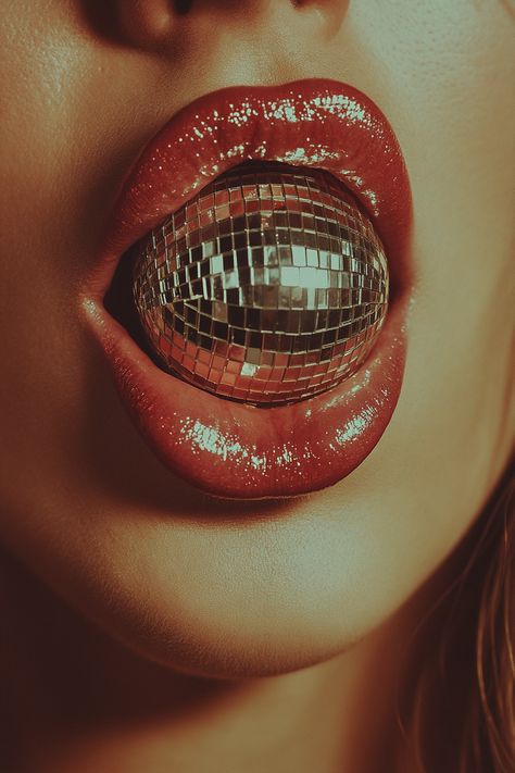 ✨🎤 Dive into the vibrant world of retro vibes with this stunning album cover! 🎶💃 The close-up of a singer's mouth, featuring a tiny disco ball resting on her tongue, perfectly captures that playful, fearless spirit of vintage music. 🌟🎉 Embrace the nostalgia and let the music take you on a journey! 💖✨ #VintageStyle #MusicMagic #DiscoVibes #RetroAlbumCover... Pink Album Covers, Tiny Disco Ball, Disco Photoshoot, Disco Aesthetic, Disco Diva, Disco Queen, Singer Art, Pink Singer, Ball Aesthetic