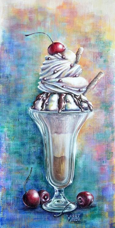 Dessert Illustrations, Dessert Painting, Painting For Kitchen, Ice Cream Painting, Cherries Painting, Cake Painting, Tiny Paintings, Italian Ice Cream, Dr Ali