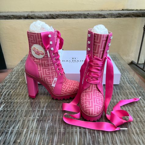 These Are Limited Edition No Longer Available Heels From The Balmain X Barbie Collaboration. They Have Never Been Worn And Still In The Box. They Are The Perfect Heel To Wear With A Dress, Jeans, Or To Just Add A Pop Of Color. Barbie Limited Edition, Bedazzled Shoes Diy, Cute Barbie, Boy Baby Shower Centerpieces, Balmain Shoes, Custom Sneakers Diy, Pink Bed, Crocs Boots, Pretty Shoes Sneakers