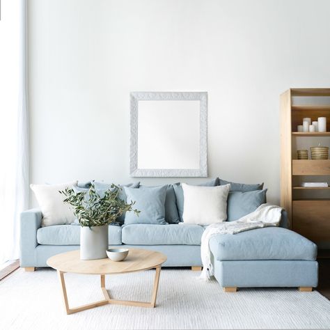 Light Blue Sofa Living Room, Light Blue Couches, Light Blue Sofa, Blue Sofa Living, Blue Couch Living, Blue Sofas Living Room, Restful Bedrooms, Interior Design Aesthetic, Decoration Aesthetic