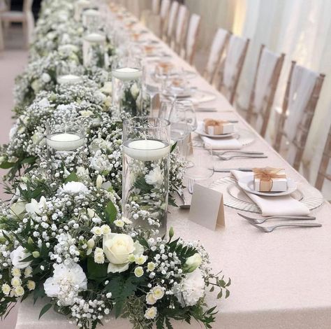 Imagine Event Design on Instagram: “From an aisle full of candles to a top table full of florals, we’ve got you covered. This thick floral garland completes the best table in…” Simple Candle Centerpieces Wedding, Centerpiece With Floating Candles, Simple Centerpiece, Wedding Centerpiece Ideas, Simple Wedding Centerpieces, Bridal Theme, Candle Wedding Centerpieces, 30th Wedding Anniversary, Simple Centerpieces