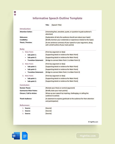 Informative Speech Outline Template - Word | Google Docs - Highfile Informative Speech Outline, Paragraph Format, Brainstorming Graphic Organizer, Speech Template, Informative Speech, Speech Outline, Outline Template, Supporting Details, Graphic Organizer