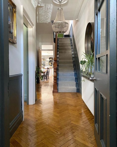 Flooring Hallway, Stairs And Hallway Ideas, Ikea Island, Stair Paneling, That Friday Feeling, Parquet Floor, Hallway Inspiration, Hello Friday, Edwardian House