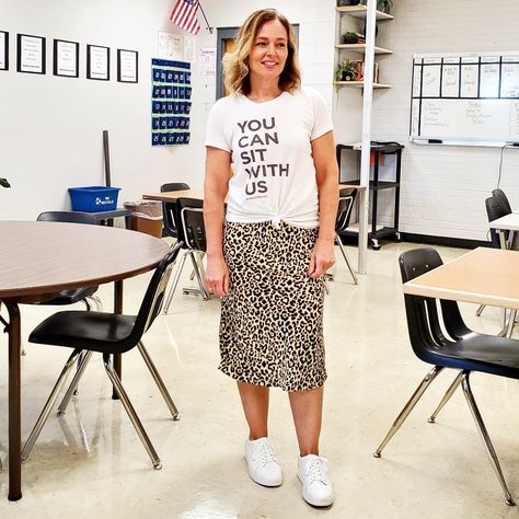 Teacher outfit featuring leopard midi skirt and graphic tee #ShopStyle #MyShopStyle #teacher #graphictee #leopardskirt #sneakers #fitflop Plus Size Business Casual With Sneakers, Teacher Outfit Ideas, Teacher Attire, Cute Teacher Outfits, Tee Shirt Outfit, Teacher Wardrobe, Kindness Shirt, Teaching Outfits, Shirt Making