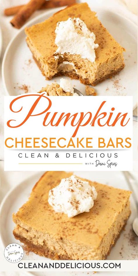 Pumpkin Cheesecake Bars are an easy-to-make pumpkin dessert that is perfect for the holidays. Rich, creamy pumpkin cheesecake over an easy gingersnap crust, simply baked to perfection. I love them topped with fresh whipped cream and an extra dash of cinnamon. This is the time of the year I go pumpkin crazy! Whether it’s pumpkin pie bars, pumpkin baked oatmeal, pumpkin spice lattes, or these insanely delicious pumpkin cheesecake bars... | @danispies #bestpumpkincheesecakebarsrecipe Gingersnap Dessert, Healthy Pumpkin Cheesecake Recipe, Healthy Pumpkin Cheesecake Bars, Pumpkin Cheesecake Bars Recipe, Healthy Pumpkin Cheesecake, Cheesecake Bars Easy, Pumpkin Cheesecake Bars, Frozen Pumpkin, Healthy Cheesecake