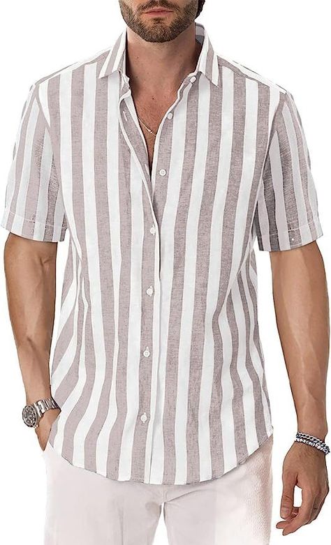 DELCARINO Mens Casual Short-Sleeved Shirt Vertical Stripe Stylish Cotton Linen Shirt Vertical Stripes Shirt Men, Mens Linen Shirts Casual, Short Sleeve Shirt Outfit, Gents Shirts, Mens Half Sleeve, Striped Shirt Men, Smart Casual Shirts, Mens Smart Casual Outfits, Stylish Shirts Men