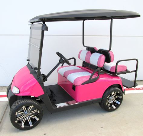 19TH HOLE GOLF CARTS - HOT PINK EZGO GOLF CART WITH CUSTOM UPHOLSTERY Golf Workout, Golf Ball Crafts, Ezgo Golf Cart, Golf Push Cart, Custom Golf Carts, 19th Hole, Golf Cart Batteries, Public Golf Courses, Golf Cart Accessories