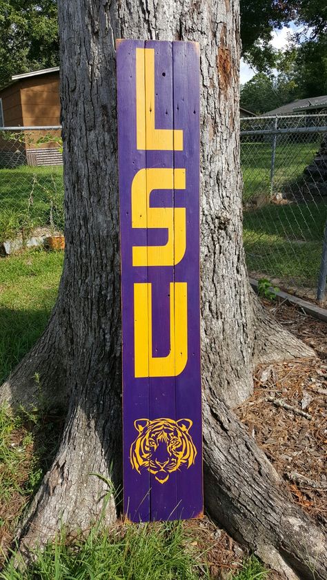 LSU sign for sale Lsu Diy Crafts, Lsu Paintings On Canvas, Lsu Decorations, Lsu Door Hanger Painted Wood, Lsu Wooden Door Hangers, New Orleans Saints Porch Sign, Football Yard Signs, Lsu Wooden Signs, Team Decor