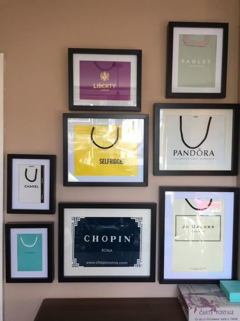 Framed Shopping Bags, Wardrobe Dressing, Mall Display, Antique Mall Booth, Bag Wall, Apartment Vibes, Accent Wall Designs, Closet Office, Designer Shopping