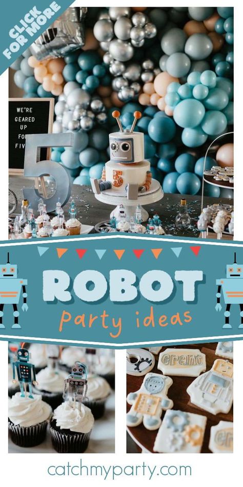 Space Robot Birthday Party, Robot Food Ideas, Robot 2nd Birthday Party, 3 Rd Birthday Party Ideas Boy Themes, Robots Birthday Party, Robot 3rd Birthday Party, Robot Theme Party, Robot Party Decorations, Robot Birthday Theme