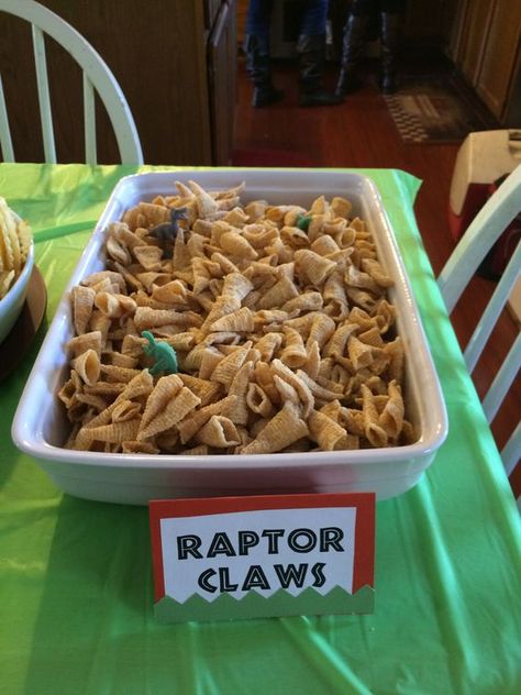 Dinosaur Ranch Birthday Party, Jurassic Party Food, Jurassic Birthday Party Ideas, Herbavor Dinosaurs, Dino Ranch 2nd Birthday Party, Dino Ranch Party Ideas, Ranch Bugles, Jurassic Park Party Food, Jurrasic Park Birthday Party