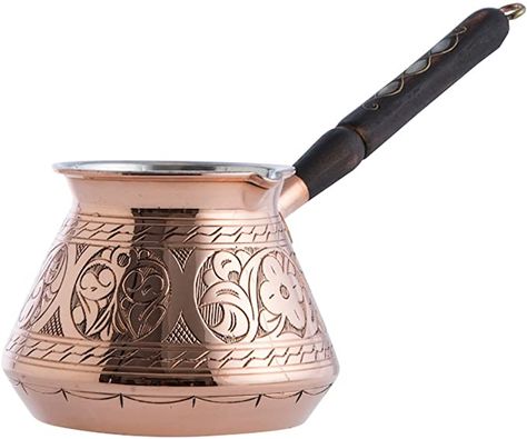 Amazon.com | CopperBull THICKEST Solid Hammered Copper Turkish Greek Arabic Coffee Pot Stovetop Coffee Maker Cezve Ibrik Briki with Wooden Handle, (Large - 15 Oz) - ENGRAVED: Serveware Arabic Coffee Pot, Turkish Coffee Maker, Turkish Coffee Pot, Copper Kitchen Utensils, Arabic Coffee, Vintage Coffee Pot, Milk Pot, Copper Pots, Copper Kitchen