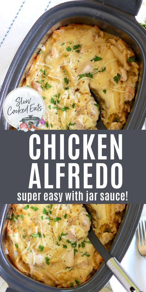 Creamy cheesy crock pot chicken alfredo is the perfect weeknight dinner recipe! A super simple way to make crockpot chicken alfredo using jarred sauce, uncooked pasta, fresh chicken, and cheese (of course). An easy crockpot dinner recipe! Crockpot Chicken Alfredo With Broccoli, Chicken Alfredo Crockpot Jar Sauce, Slow Cooker Chicken Alfredo Easy, Recipes Using Heavy Cream Dinners, Chicken Fettuccine Alfredo Crockpot, Chicken Crockpot Dump Recipes, Crockpot Chicken Alfredo With Jar Sauce, Chicken Alfredo In Crockpot, Crock Pot Pasta Recipes Easy