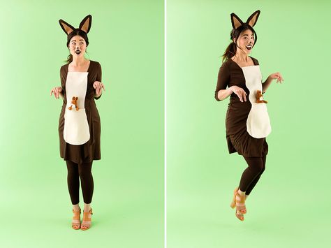 How adorable is this DIY kangaroo maternity Halloween costume idea?! Kanga Costume, Baby Bump Costumes, Kangaroo Costume Diy, Halloween Costumes Pregnant Women, Maternity Halloween Costumes, Maternity Halloween Costume, Costumes Pregnant, Kangaroo Costume, Creative Diy Costumes