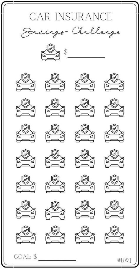 Car Insurance Savings Challenge. Considering saving up for your car insurance in advance? Well this car insurance savings tracker is for you! Decide on the amount that needs saving then determine the dollar amount that each icon is worth. There are 28 icons to help you obtain your goal. Color in or cross off each one as you cash stuff to track your progress. Enjoy!   *FREE GIFT INCLUDED  Printing Information: *Digital Download  *This is printed on an 8.5 x 11 inch US letter size paper *Once printed, cut and place inside your A6 envelope *Color will vary depending on ink and printer Disclaimer: This is a PDF Digital Download. No physical product will be mailed to you. Digital Download will be available once payment has been confirmed and purchase has been completed. This printable is for pe Beauty Savings Challenge, New Car Savings Challenge, Cash Stuffing Challenges Free Printable, Car Saving Challenge, Mini Savings Challenge Free Printable, Savings Challenge Printable Free, Car Savings Challenge, Car Saving, Mini Savings Challenge