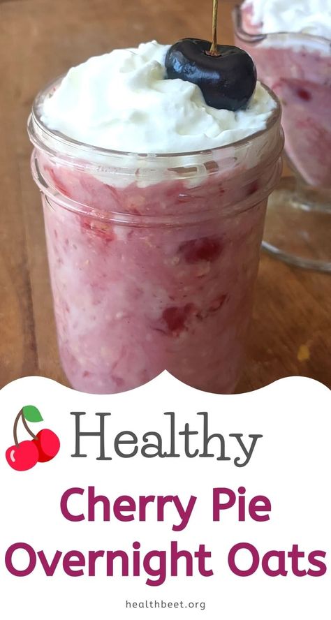 Delicious overnight oats, sweetened with no sugar added cherry pie filling! Total calories and macros 165 calories, 4g protein, 27g carbs, 4g fat. Healthy Cherry Pie, Workout Recovery Food, Cherry Overnight Oats, Health Beet, Peach Overnight Oats, Berry Pie Filling, Bullet Recipes, Low Salt Diet, Healthy Oatmeal Breakfast